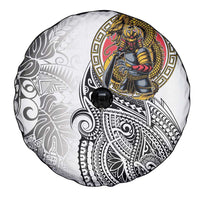 Japanese Samurai Warrior Spare Tire Cover White Polynesian Tattoo Style