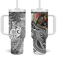 Japanese Samurai Warrior Tumbler With Handle White Polynesian Tattoo Style