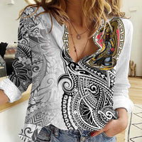Japanese Samurai Warrior Women Casual Shirt White Polynesian Tattoo Style
