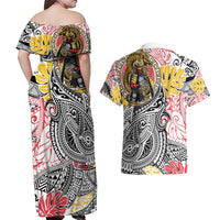 Japanese Samurai Warrior Couples Matching Off Shoulder Maxi Dress and Hawaiian Shirt Colorful Polynesian Tattoo Style