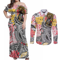 Japanese Samurai Warrior Couples Matching Off Shoulder Maxi Dress and Long Sleeve Button Shirt Colorful Polynesian Tattoo Style LT9 White - Polynesian Pride