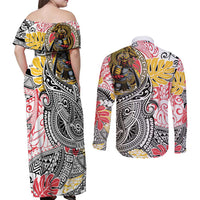 Japanese Samurai Warrior Couples Matching Off Shoulder Maxi Dress and Long Sleeve Button Shirt Colorful Polynesian Tattoo Style LT9 - Polynesian Pride