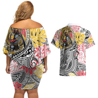 Japanese Samurai Warrior Couples Matching Off Shoulder Short Dress and Hawaiian Shirt Colorful Polynesian Tattoo Style