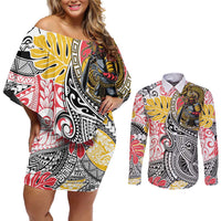 Japanese Samurai Warrior Couples Matching Off Shoulder Short Dress and Long Sleeve Button Shirt Colorful Polynesian Tattoo Style LT9 White - Polynesian Pride