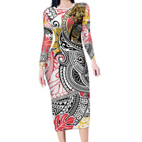 Japanese Samurai Warrior Family Matching Long Sleeve Bodycon Dress and Hawaiian Shirt Colorful Polynesian Tattoo Style