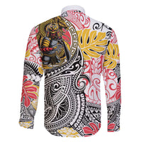 Japanese Samurai Warrior Family Matching Off Shoulder Maxi Dress and Hawaiian Shirt Colorful Polynesian Tattoo Style