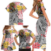 Japanese Samurai Warrior Family Matching Short Sleeve Bodycon Dress and Hawaiian Shirt Colorful Polynesian Tattoo Style