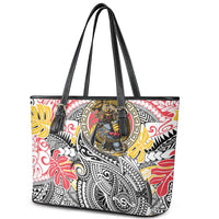 Japanese Samurai Warrior Leather Tote Bag Colorful Polynesian Tattoo Style