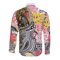 Japanese Samurai Warrior Long Sleeve Button Shirt Colorful Polynesian Tattoo Style LT9 - Polynesian Pride