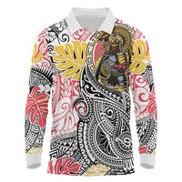 Japanese Samurai Warrior Long Sleeve Polo Shirt Colorful Polynesian Tattoo Style