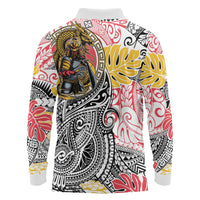 Japanese Samurai Warrior Long Sleeve Polo Shirt Colorful Polynesian Tattoo Style