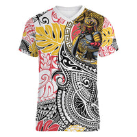 Japanese Samurai Warrior Women V-Neck T-Shirt Colorful Polynesian Tattoo Style