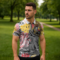 Japanese Samurai Warrior Zipper Polo Shirt Colorful Polynesian Tattoo Style LT9 - Polynesian Pride