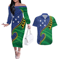 Solomon Islands Independence Day 1978 Personalised Couples Matching Off The Shoulder Long Sleeve Dress and Hawaiian Shirt Polynesian Pattern with Flag Style