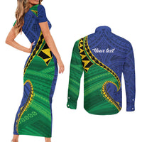 Solomon Islands Independence Day 1978 Personalised Couples Matching Short Sleeve Bodycon Dress and Long Sleeve Button Shirt Polynesian Pattern with Flag Style
