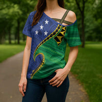 Solomon Islands Independence Day 1978 Personalised Cross Shoulder Shirt Polynesian Pattern with Flag Style - Polynesian Pride