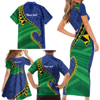 Solomon Islands Independence Day 1978 Personalised Family Matching Short Sleeve Bodycon Dress and Hawaiian Shirt Polynesian Pattern with Flag Style