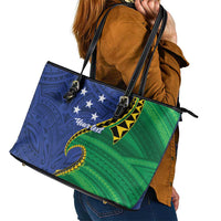 Solomon Islands Independence Day 1978 Personalised Leather Tote Bag Polynesian Pattern with Flag Style