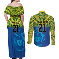 Solomon Islands Rugby Custom Couples Matching Off Shoulder Maxi Dress and Long Sleeve Button Shirt Simple Coat of arm Polynesian Pattern