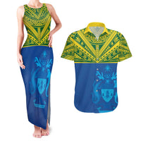 Solomon Islands Rugby Custom Couples Matching Tank Maxi Dress and Hawaiian Shirt Simple Coat of arm Polynesian Pattern