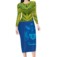 Solomon Islands Rugby Custom Family Matching Long Sleeve Bodycon Dress and Hawaiian Shirt Simple Coat of arm Polynesian Pattern