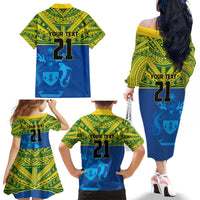 Solomon Islands Rugby Custom Family Matching Off The Shoulder Long Sleeve Dress and Hawaiian Shirt Simple Coat of arm Polynesian Pattern