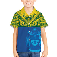 Solomon Islands Rugby Custom Family Matching Off Shoulder Short Dress and Hawaiian Shirt Simple Coat of arm Polynesian Pattern
