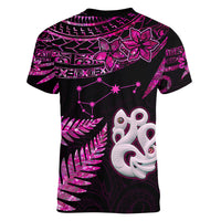 Custom New Zealand Women V Neck T Shirt Matariki NZ Manaia with Paua Shell - Pink LT9 - Polynesian Pride