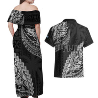 Fiji Rugby Couples Matching Off Shoulder Maxi Dress and Hawaiian Shirt Kaiviti Fijian Tribal World Cup Black LT9 - Polynesian Pride
