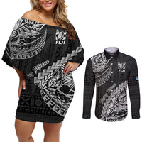 Fiji Rugby Couples Matching Off Shoulder Short Dress and Long Sleeve Button Shirt Kaiviti Fijian Tribal World Cup Black LT9 Black - Polynesian Pride