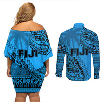 Fiji Rugby Couples Matching Off Shoulder Short Dress and Long Sleeve Button Shirt Kaiviti Fijian Tribal World Cup Blue No1 LT9 - Polynesian Pride