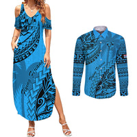 Fiji Rugby Couples Matching Summer Maxi Dress and Long Sleeve Button Shirt Kaiviti Fijian Tribal World Cup Blue No1 LT9 Blue - Polynesian Pride