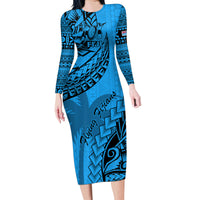 Custom Fiji Rugby Family Matching Long Sleeve Bodycon Dress and Hawaiian Shirt Kaiviti Fijian Tribal World Cup Blue No1 LT9 Mom's Dress Blue - Polynesian Pride