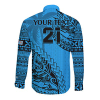 Custom Fiji Rugby Long Sleeve Button Shirt Kaiviti Fijian Tribal World Cup Blue No1 LT9 - Polynesian Pride