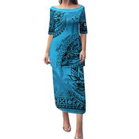 Custom Fiji Rugby Puletasi Kaiviti Fijian Tribal World Cup Blue No1 LT9 Long Dress Blue - Polynesian Pride