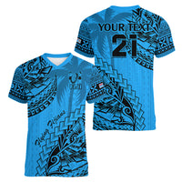 Custom Fiji Rugby Women V Neck T Shirt Kaiviti Fijian Tribal World Cup Blue No1 LT9 - Polynesian Pride