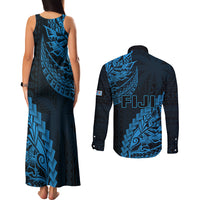 Fiji Rugby Couples Matching Tank Maxi Dress and Long Sleeve Button Shirt Kaiviti Fijian Tribal World Cup Blue No2 LT9 - Polynesian Pride