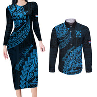 Custom Fiji Rugby Couples Matching Long Sleeve Bodycon Dress and Long Sleeve Button Shirt Kaiviti Fijian Tribal World Cup Blue No2 LT9 Blue - Polynesian Pride