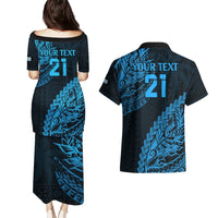 Custom Fiji Rugby Couples Matching Puletasi Dress and Hawaiian Shirt Kaiviti Fijian Tribal World Cup Blue No2 LT9 - Polynesian Pride
