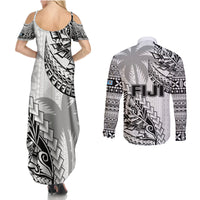 Fiji Rugby Couples Matching Summer Maxi Dress and Long Sleeve Button Shirt Kaiviti Fijian Tribal World Cup White LT9 - Polynesian Pride