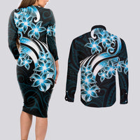 Plumeria Tribal Tattoo Couples Matching Long Sleeve Bodycon Dress and Long Sleeve Button Shirt Blue Polynesian Pattern LT9 - Polynesian Pride