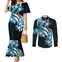 Plumeria Tribal Tattoo Couples Matching Mermaid Dress and Long Sleeve Button Shirt Blue Polynesian Pattern LT9 Blue - Polynesian Pride