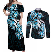 Plumeria Tribal Tattoo Couples Matching Off Shoulder Maxi Dress and Long Sleeve Button Shirt Blue Polynesian Pattern LT9 Blue - Polynesian Pride