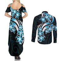 Plumeria Tribal Tattoo Couples Matching Summer Maxi Dress and Long Sleeve Button Shirt Blue Polynesian Pattern LT9 - Polynesian Pride