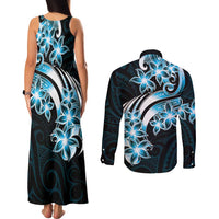 Plumeria Tribal Tattoo Couples Matching Tank Maxi Dress and Long Sleeve Button Shirt Blue Polynesian Pattern LT9 - Polynesian Pride