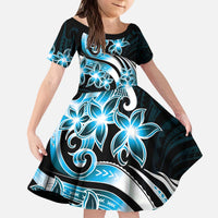 Plumeria Tribal Tattoo Kid Short Sleeve Dress Blue Polynesian Pattern