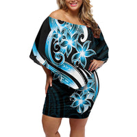 Plumeria Tribal Tattoo Off Shoulder Short Dress Blue Polynesian Pattern LT9 Women Blue - Polynesian Pride
