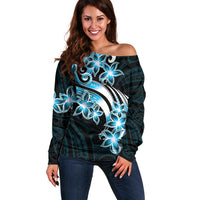 Plumeria Tribal Tattoo Off Shoulder Sweater Blue Polynesian Pattern LT9 Women Blue - Polynesian Pride