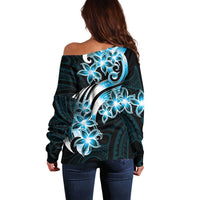 Plumeria Tribal Tattoo Off Shoulder Sweater Blue Polynesian Pattern LT9 - Polynesian Pride