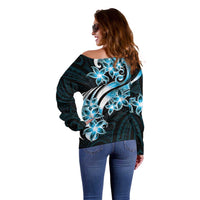 Plumeria Tribal Tattoo Off Shoulder Sweater Blue Polynesian Pattern LT9 - Polynesian Pride